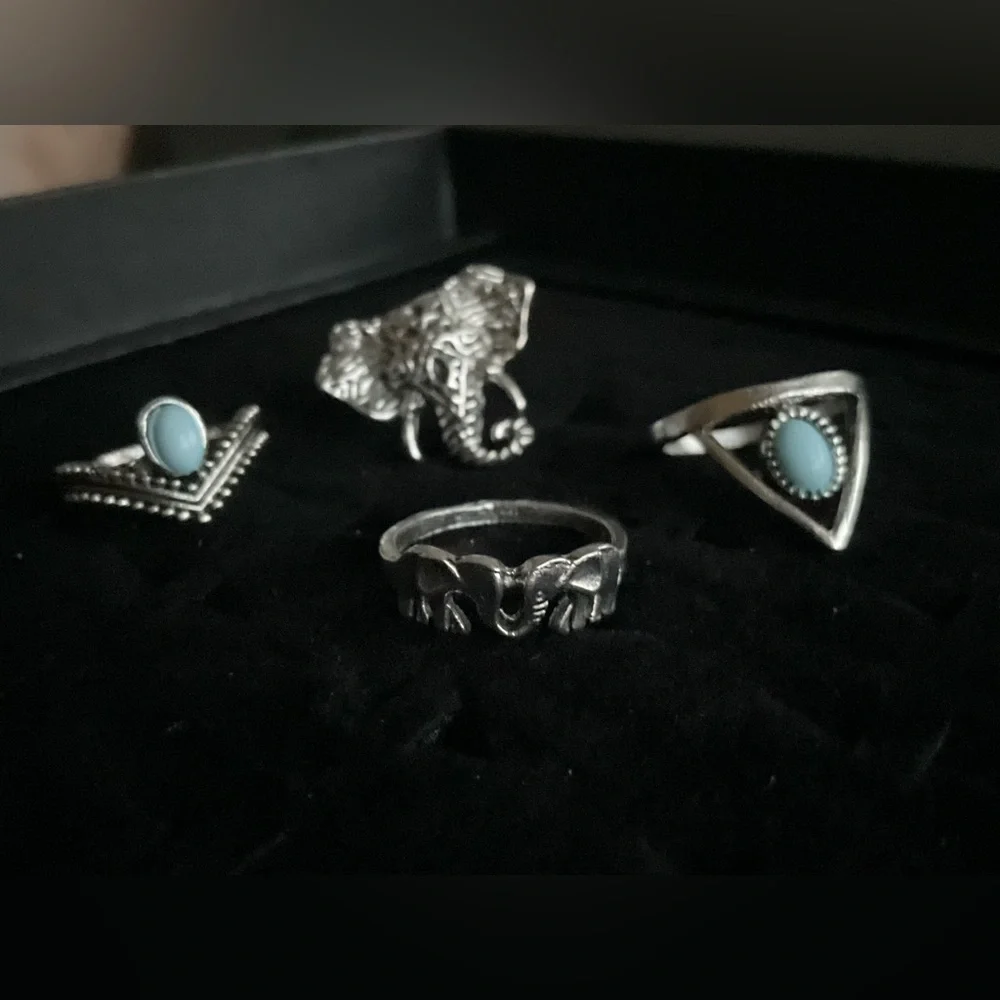 New x4 Silver Tone Rings Elephant Vintage Blue Boho Trendy Fashion Set Size 5/6